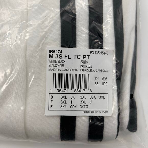 New Adidas Track Pants Men's 3XL White Black Essentials 3 Stripes Fleece Tapered - Picture 5 of 8